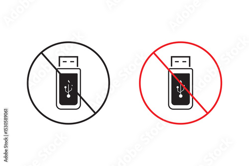 USB prohibition icon. No flash drive. Red circle symbol. Vector illustration.