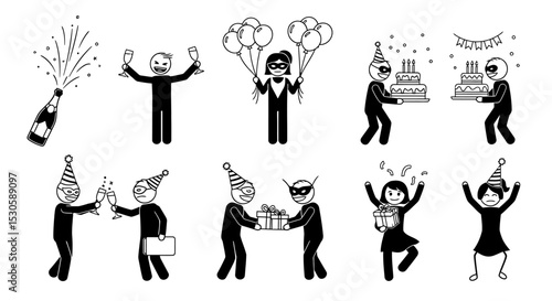 Celebratory Stick Figures Engaging in Festive Activities with Balloons, Cake, and Gifts.