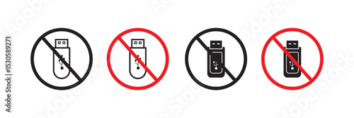 No or Stop. Usb stick icon. Computer memory component sign. Data storage symbol. Prohibited ban stop symbol. No usb stick icon. Vector
