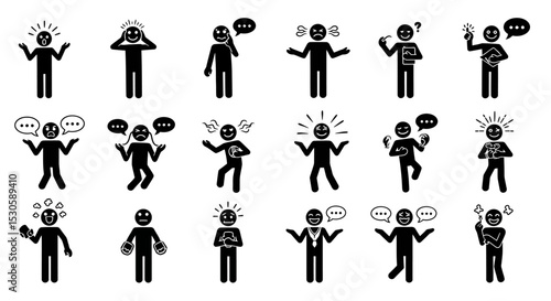 Diverse Stick Figures Expressing Various Emotions and Thoughts with Speech Bubbles