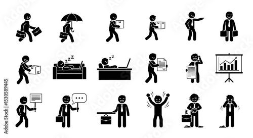 Diverse Stick Figure Businessmen Depicting Various Work-Related Activities and Emotions.