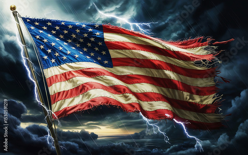 Torn American Flag in a Stormy Sky, Symbolizing Resilience. USA Independence Day