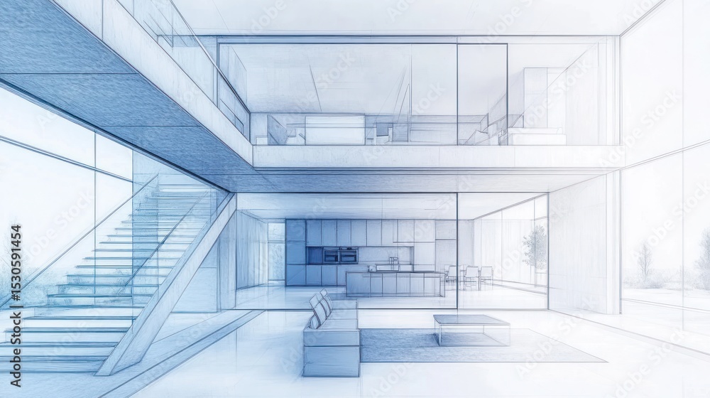 Fototapeta premium Architectural blueprint sketch of a modern house interior.