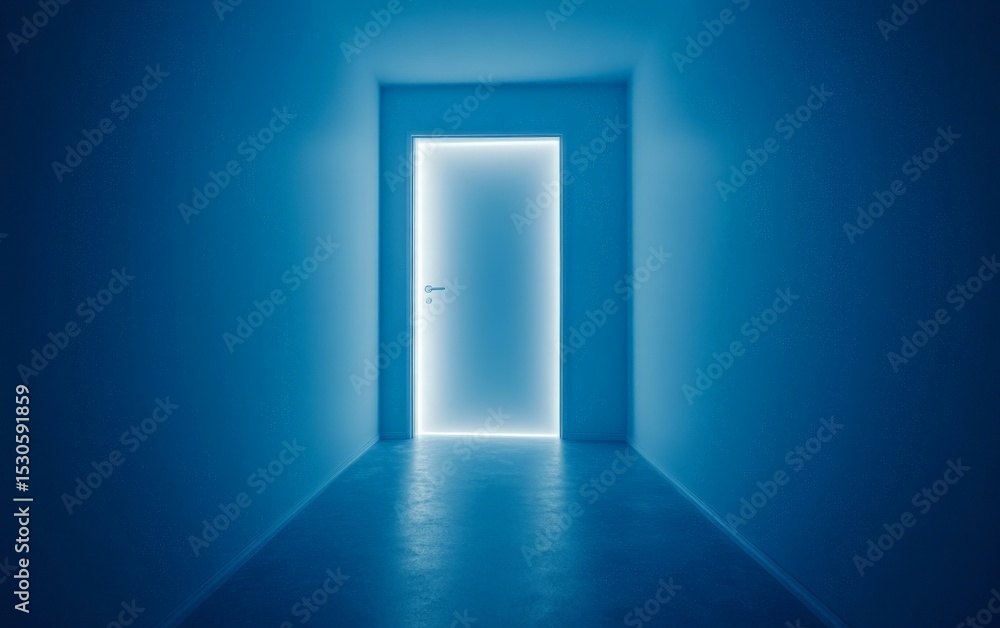 Blue Corridor With Glowing White Door Blue Corridor With Glowing White Door