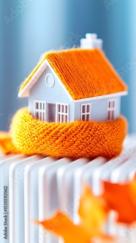 Cozy home model on radiator, winter warmth, energy efficiency, interior