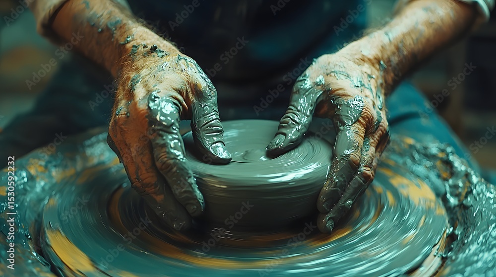 Hands expertly molding wet clay on a pottery wheel Hands expertly molding wet clay on a pottery wheel