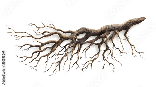 Intricate network of tree roots against a white background