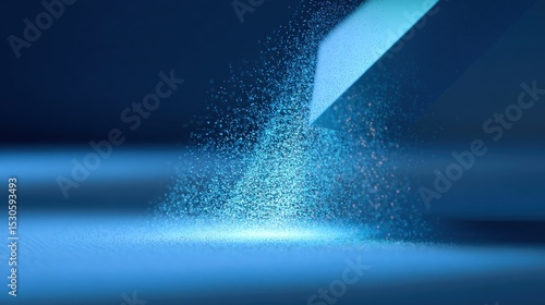 A closeup view showcases the metal powder as it levitates and glows against the backdrop of a semitransparent blueprint