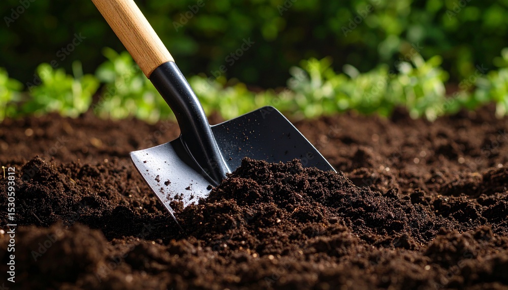 Gardening Shovel with Rich Dark Soil in Lush Green Garden. Gardening Shovel with Rich Dark Soil in Lush Green Garden.