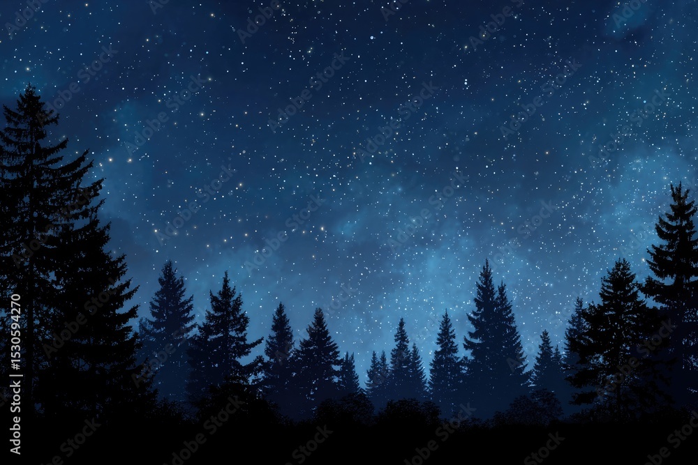 Naklejka premium Dark forest silhouettes against a starry night sky