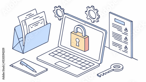 Isometric view of a laptop with a padlock, gears, documents, and a key representing data security