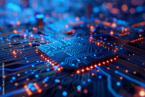  Glowing Blue Microchip Close-Up with Circuit Patterns