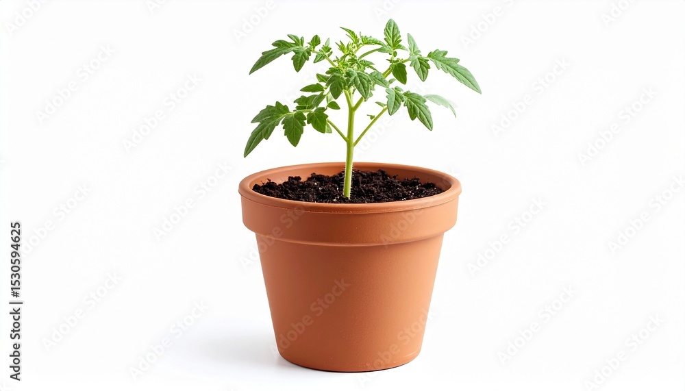 Obraz premium Young Tomato Plant in Terracotta Pot Growing Healthy Seedling.
