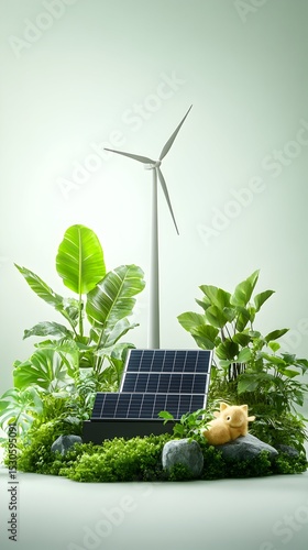 Green energy solar panel, wind turbine, plants