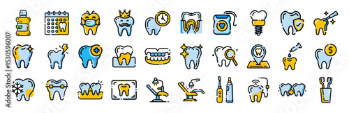 Dentistry dental care clinic stomatology vector line icons set treatment tooth
