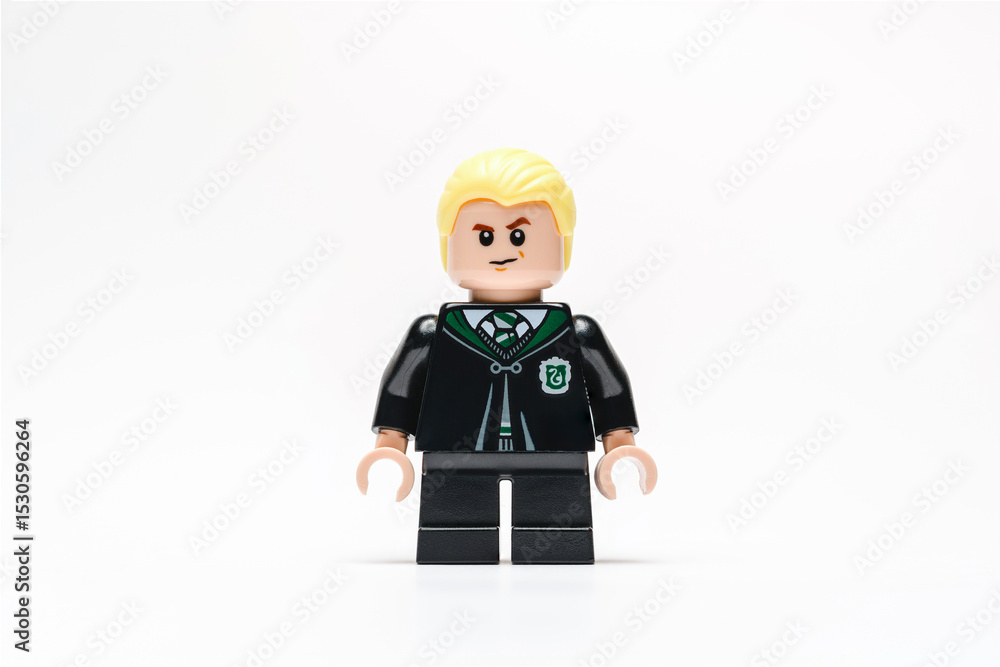 Fototapeta premium Antalya, Turkey - June 11, 2025: Smirking LEGO Draco Malfoy minifigure in Slytherin uniform