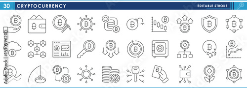 A set of line icons related to Cryptocurrency. Crypto, currency, digital, blockchain, payment, computer, mining, and so on. Vector editable stroke.