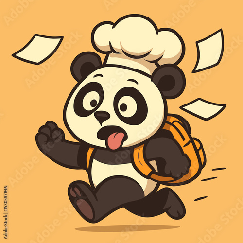A frantic panda dashes to school, tongue out, backpack swinging, with papers flying around in a humorous and cute cartoon-style vector illustration on a plain background.