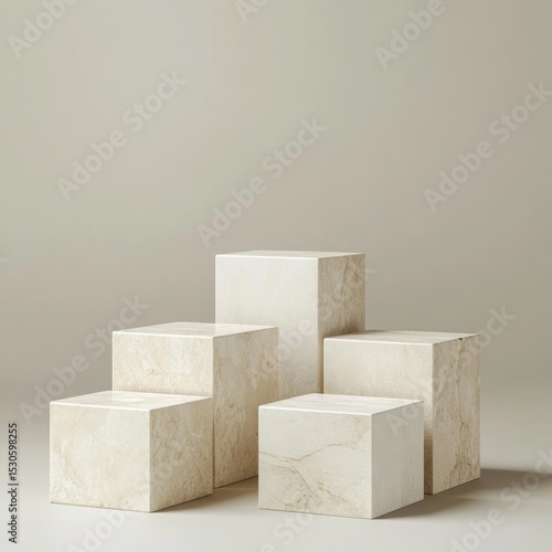 Five beige marble cube display podiums on a light beige background