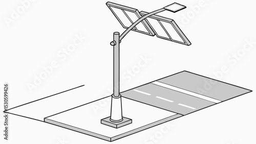 Illustration of a solar powered street light with panels above a road and sidewalk area outside with lines