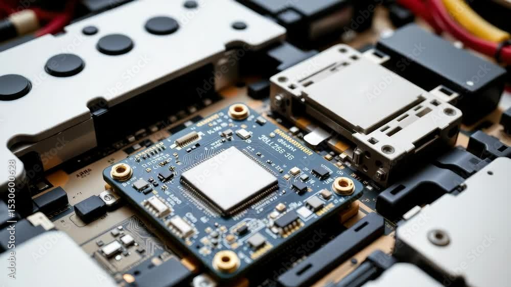 Automation Factory concept, Close-up of a circuit board with various electronic components. Automation Factory concept, Close-up of a circuit board with various electronic components.