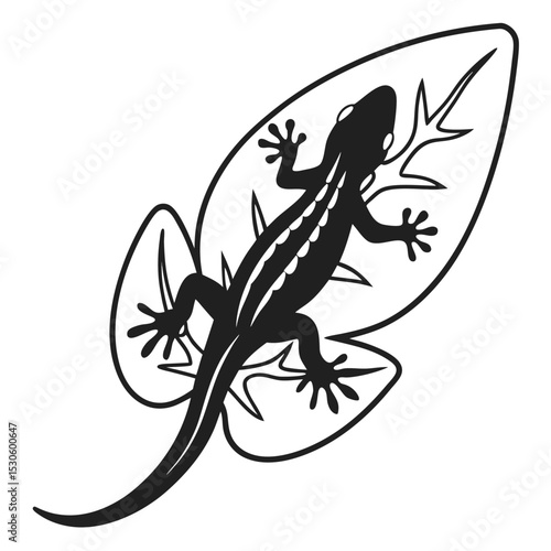 Silhouette of a gecko crawling on a veined leaf creates a striking visual