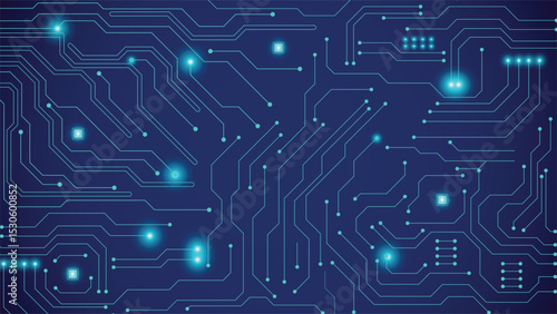 High tech digital circuit board background with glowing blue lines on dark blue gradient perfect for technology themes websites and presentations