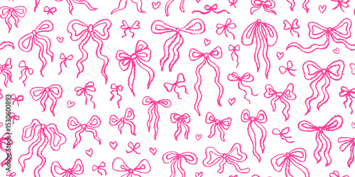 Bow pattern. Seamless pink ribbon coquette print. Cute bow vintage seamless pattern. Repeat vector hand drawn bg. Valentine, Wedding, Birthday graphic. Pink line ribbon background. Retro crayon print