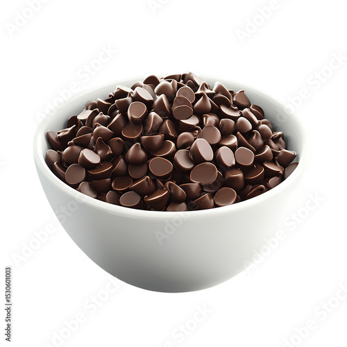 Baking Chocolate Chips Delicious Dark Chocolate Morsels in White Bowl for Recipes and Desserts isolated on transparent background