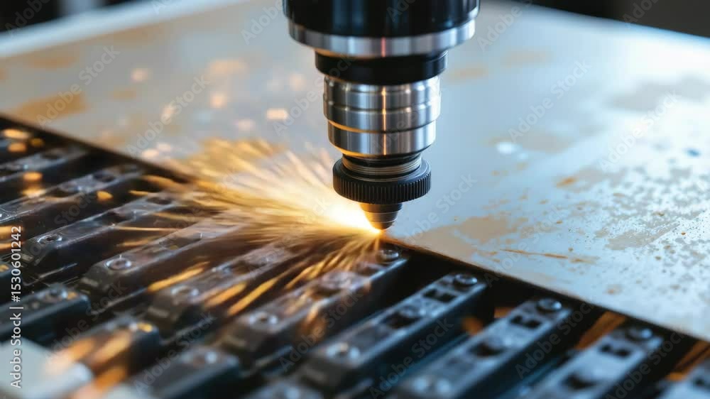 Automation Factory concept, Laser cutting metal with sparks flying in a workshop setting. Automation Factory concept, Laser cutting metal with sparks flying in a workshop setting.