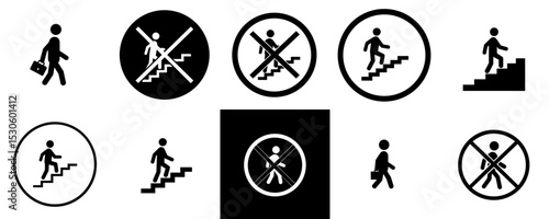 Icons for pedestrian navigation in public places on white and black background  
