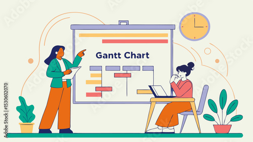 Illustration of two women discussing a gantt chart on a presentation board in an office space