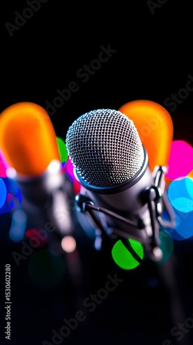 Studio microphone, colorful bokeh, podcasting, recording
