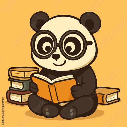 A nerdy panda sits cross-legged on the floor, reading intently with magnifying glasses, surrounded by school books in a funny and unique cartoon-style vector illustration on a plain background.