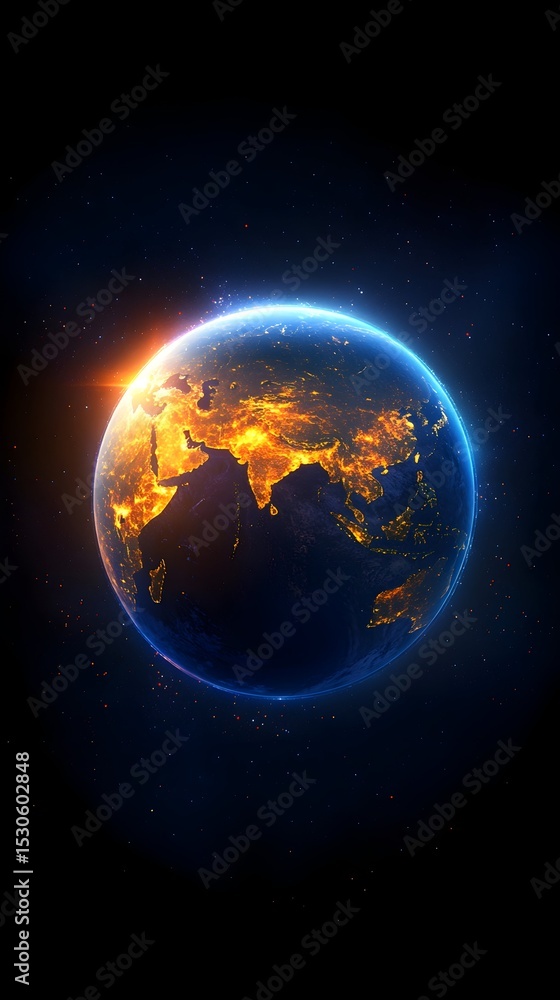 Naklejka premium Sunrise over Asia, Earth globe, space, night lights, global, futuristic design