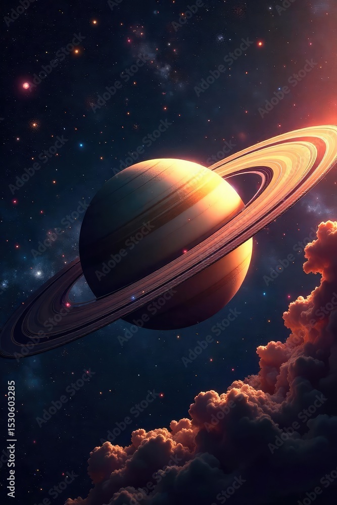 Fototapeta premium A mesmerizing image of Saturn's rings, swirling gases, and distant stars, evoking a sense of cosmic wonder and the vastness of space Perfect for science, astronomy, or fantasy projects , awe, wonder