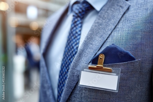 A close-up shot of a businessman wearing a blue suit and tie, featuring a blank name tag clipped onto his lapel, ready for event identification.
