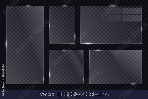 Realistic 3D glass transparent square and rectangle frame with glare, flat glass or plastic plate, flat transparent glass lens, realistic screen glass, window mockup, vector illustrattion