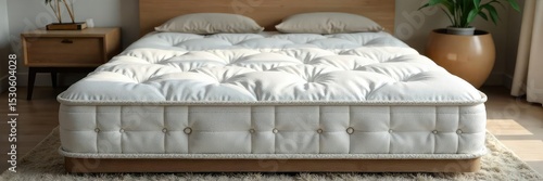 A plush, white mattress sits neatly made on a bedroom floor, ready for a comfortable night's sleep  Soft lighting highlights the luxurious texture and inviting comfort , restful sleep, design