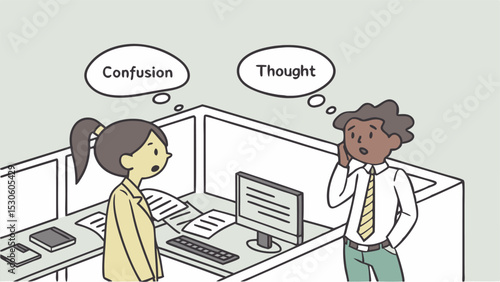 Two office workers in cubicles with thought bubbles labeled confusion and thought respectively looking puzzled