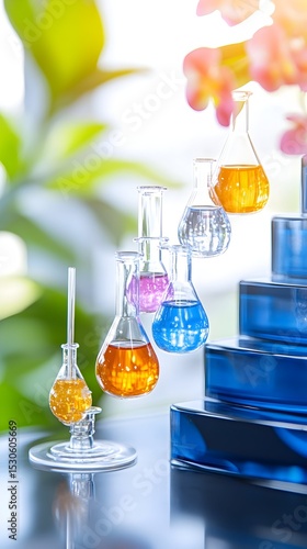 Lab glassware with colorful liquids, botanical backdrop, research