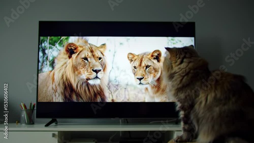 Cat watching lion on tv