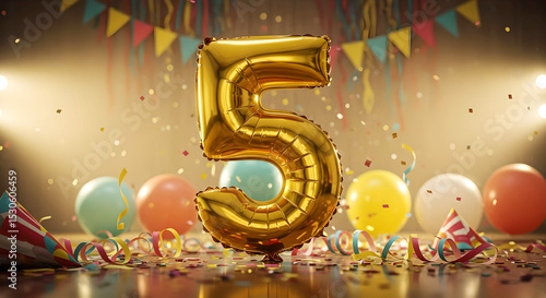 Number 5 gold foil balloon surrounded by colorful party decor and confetti. Birthday celebration or anniversary concept.