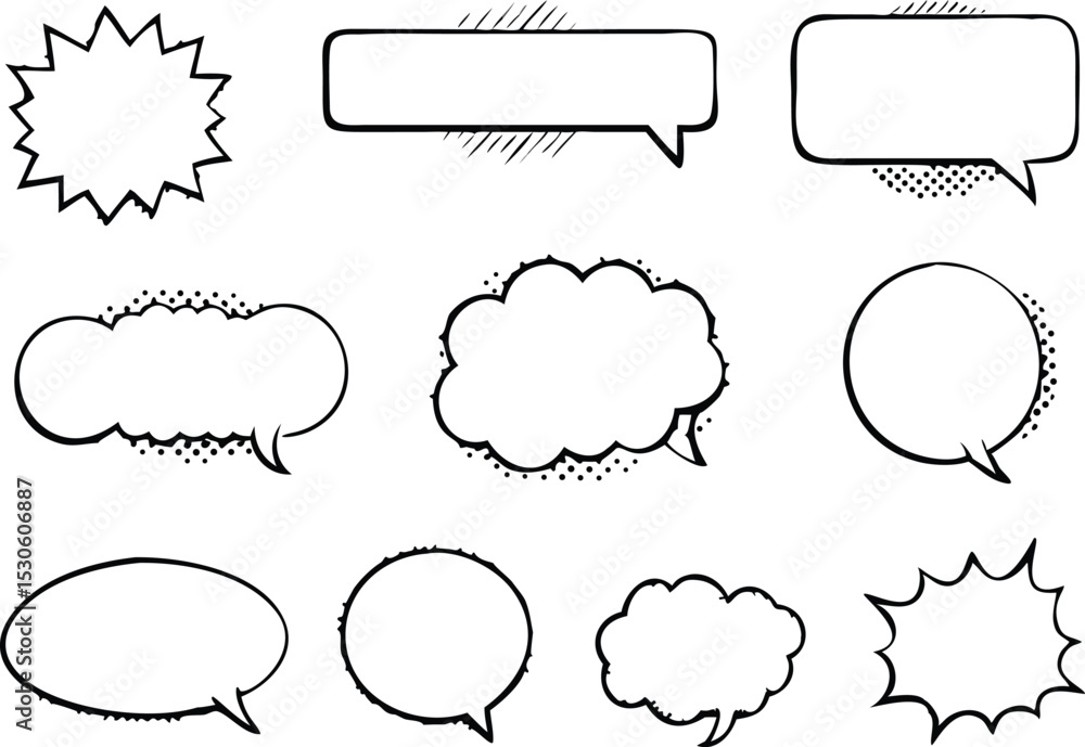 Fototapeta premium Retro empty comic bubbles and elements set with black halftone shadows. in retro vintage and pop art style. Vector illustration,