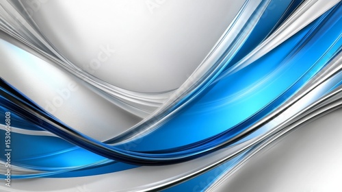 Swirling blue and silver waves create an abstract design on a light background