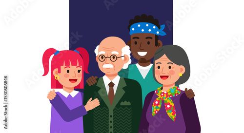 Diverse family group smiling together in colorful illustration