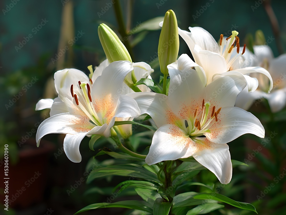 Naklejka premium Beautiful garden filled with white blooming lilies