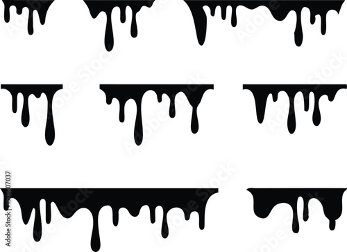 Black melt drips or liquid paint drops. Dripping liquid. Paint flows. Current paint, stains. Current drops. Current inks. Vector illustration. isolated on white background