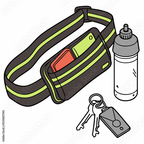 Dark Gray Running Belt with Lime Green Stripes Holding Cards Keys and Water Bottle on White Background
