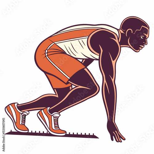 Dark Brown Skinned Male Sprinter in Orange and Cream Outfit Ready Position on Starting Blocks White Background